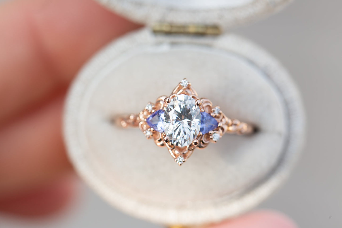 Oramore jewelry Aurora three stone with oval moissanite and tanzanite