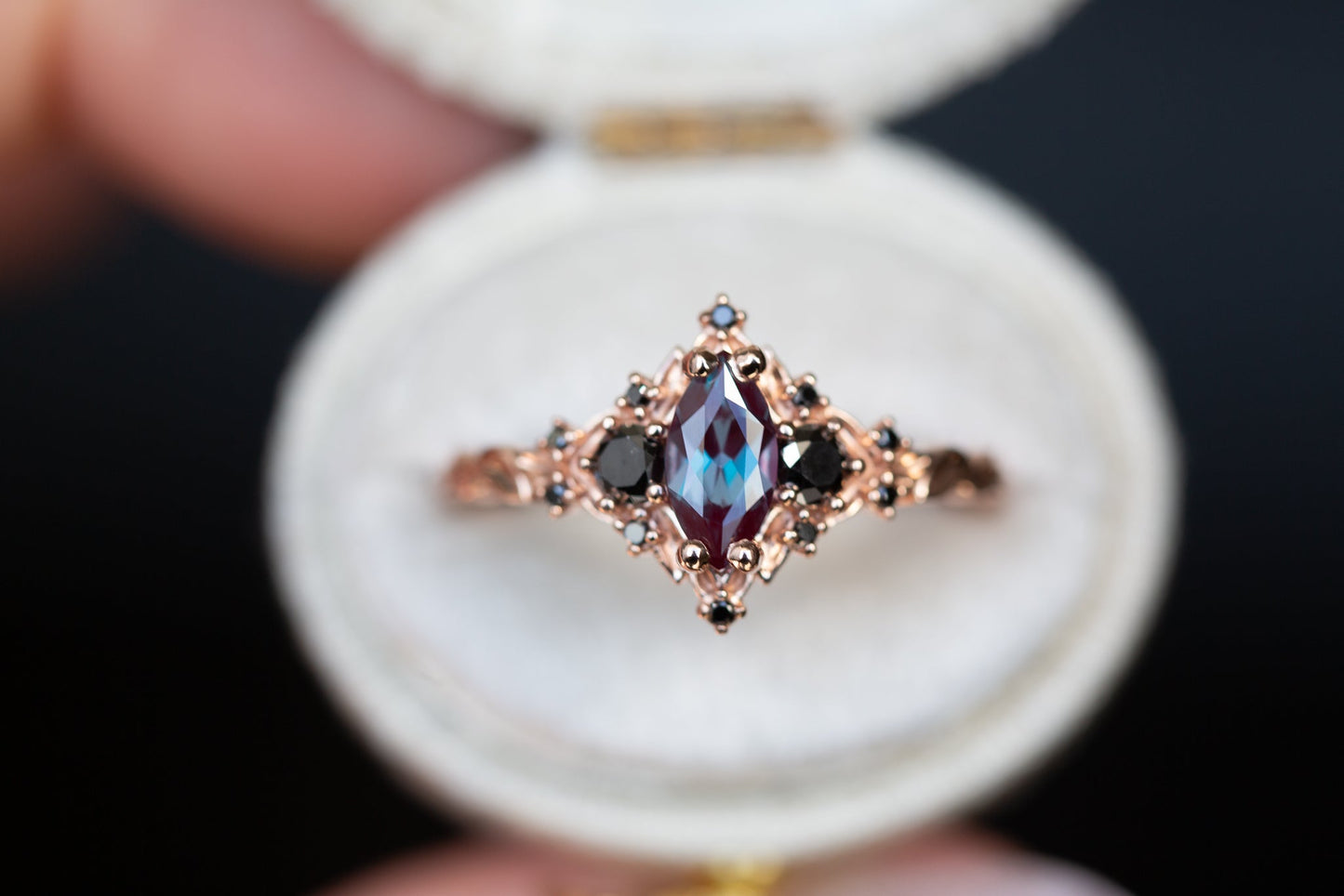 Oramore jewelry Briar rose three stone with 8x4mm marquise lab alexandrite and black diamonds