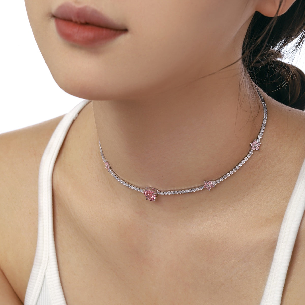 [Oramore Jewelry]Dazzling Pink Heart Flower Necklace