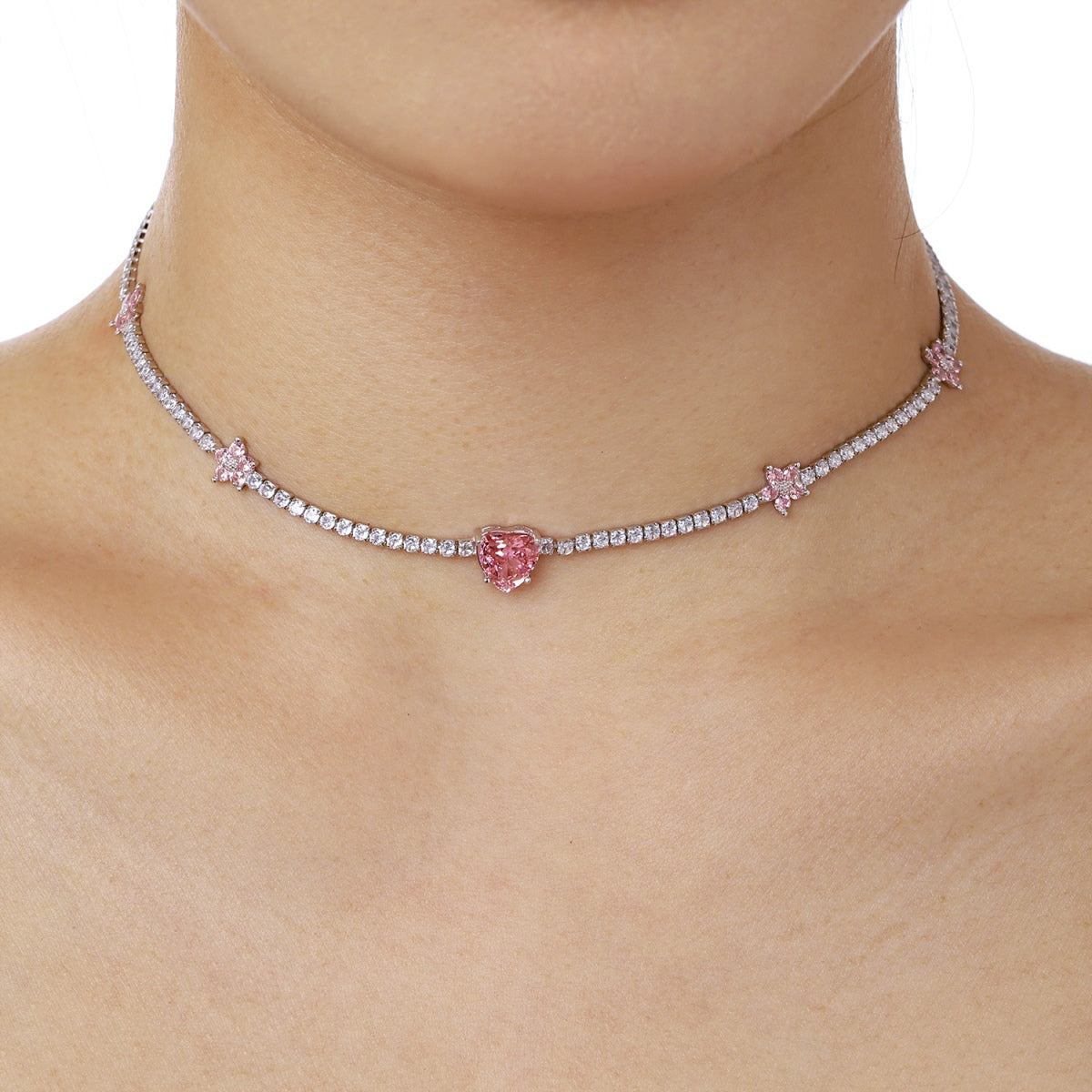 [Oramore Jewelry]Dazzling Pink Heart Flower Necklace