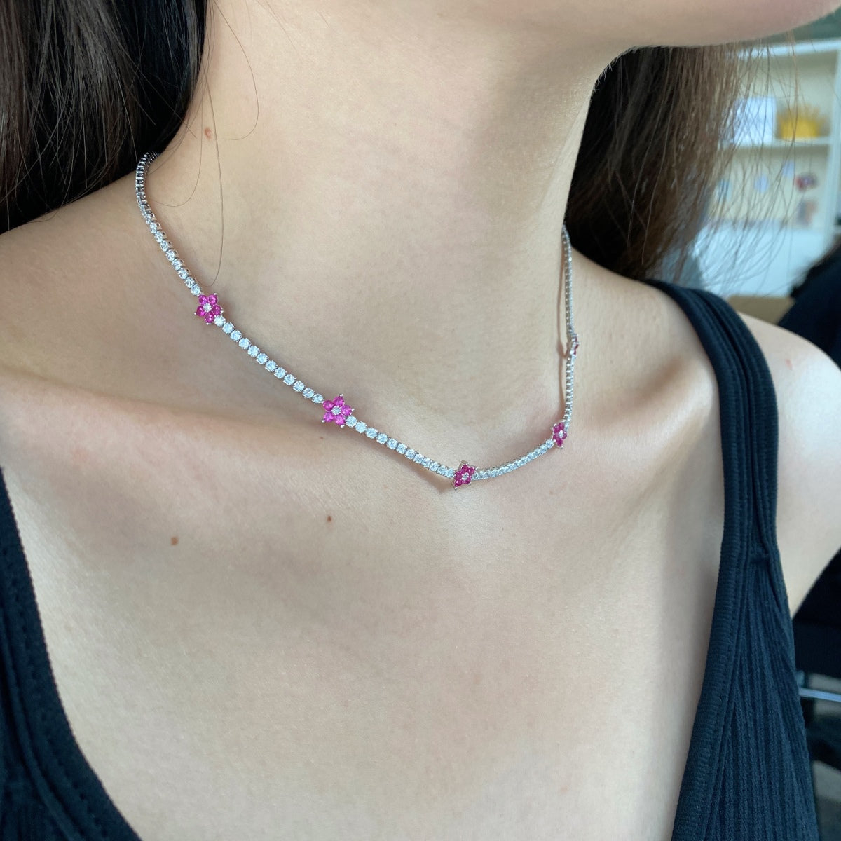 [Oramore Jewelry]Luxurious Colorful Flower Tennis Necklace
