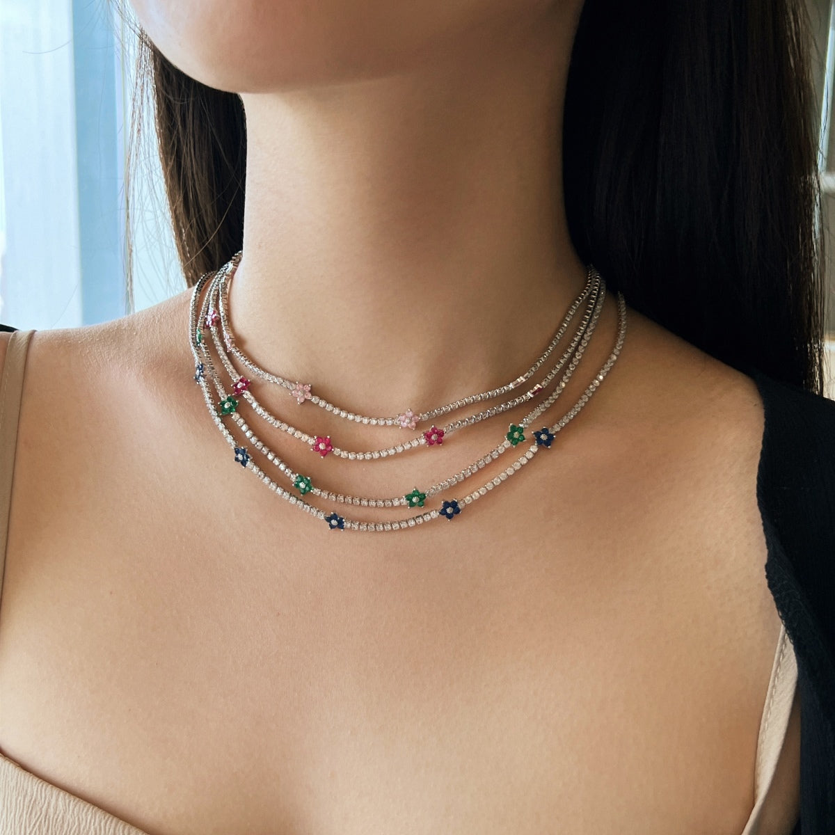 [Oramore Jewelry]Luxurious Colorful Flower Tennis Necklace