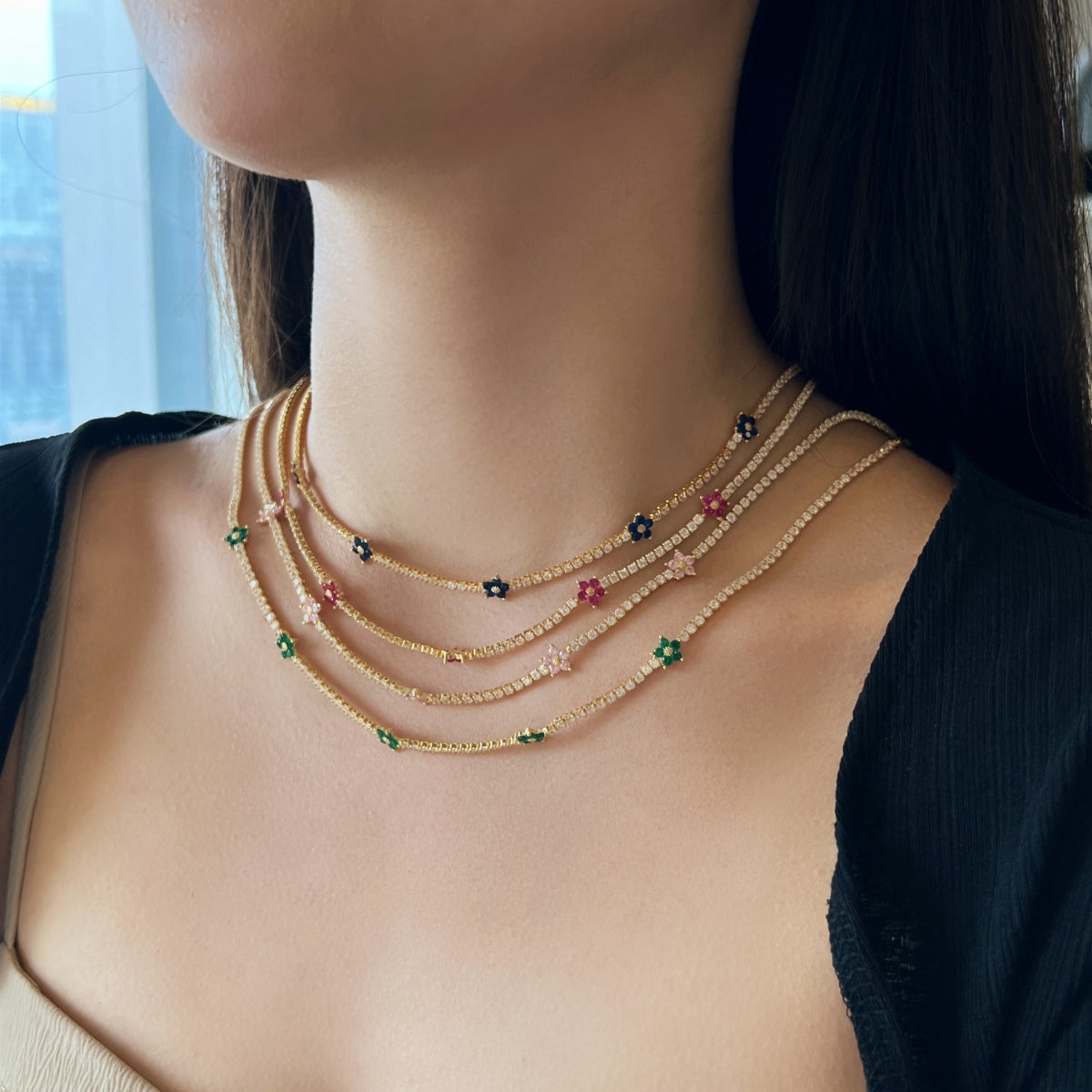 [Oramore Jewelry]Luxurious Colorful Flower Tennis Necklace