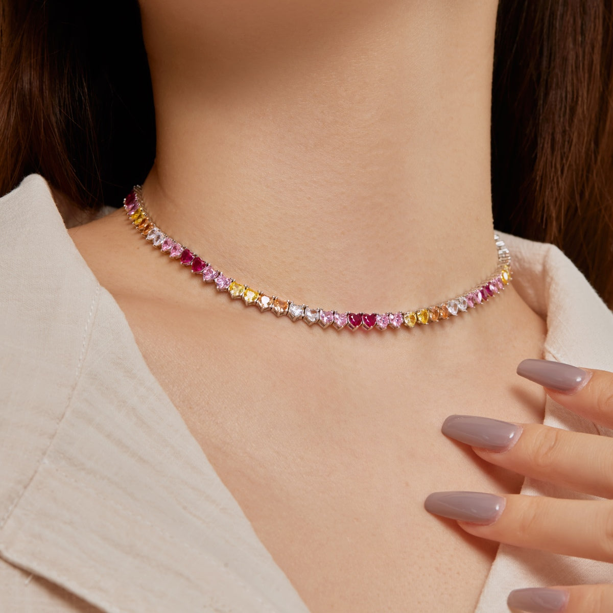 [Oramore Jewelry]Sparkling Colorful Full Heart Tennis Necklace