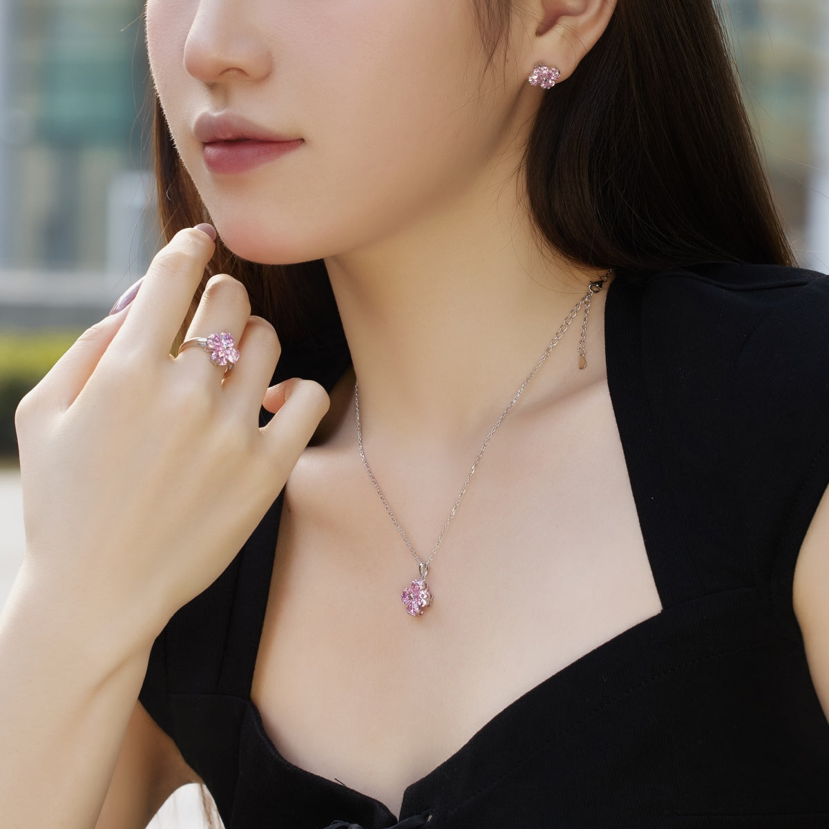 [Oramore Jewelry]Heart-Shaped Four-Leaf Clover Bead Necklace