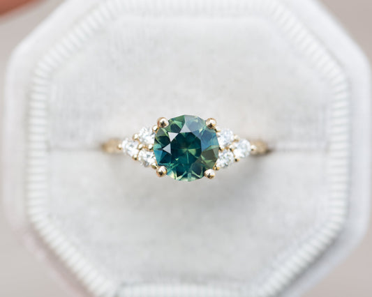[Oramore Jewelry]2.4ct round teal sapphire cluster ring, seraphina setting moissanite