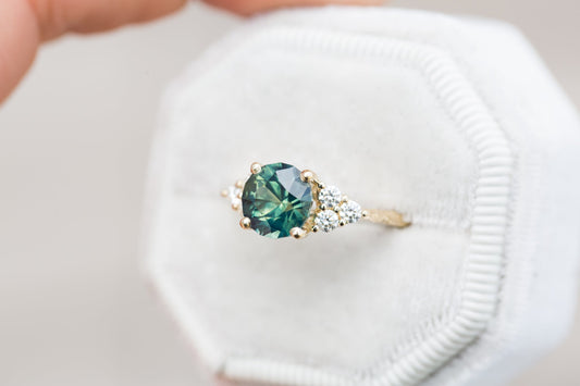 [Oramore Jewelry]2.4ct round teal sapphire cluster ring, seraphina setting moissanite