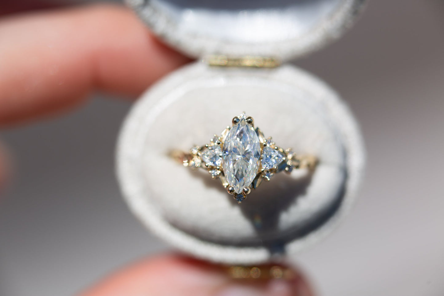 [Oramore Jewelry]Briar rose three stone with 10x5mm marquise moissanite