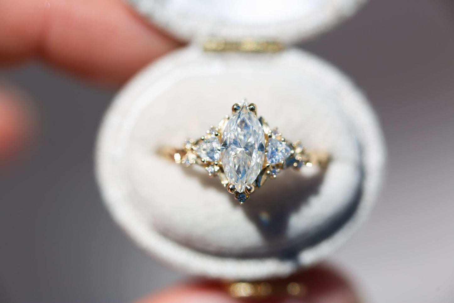 [Oramore Jewelry]Briar rose three stone with 10x5mm marquise moissanite