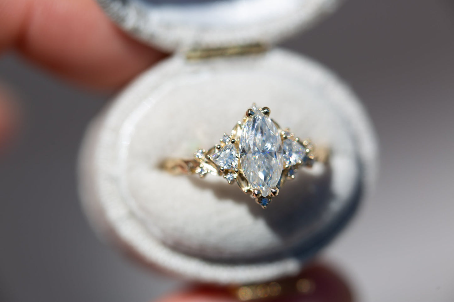 [Oramore Jewelry]Briar rose three stone with 10x5mm marquise moissanite