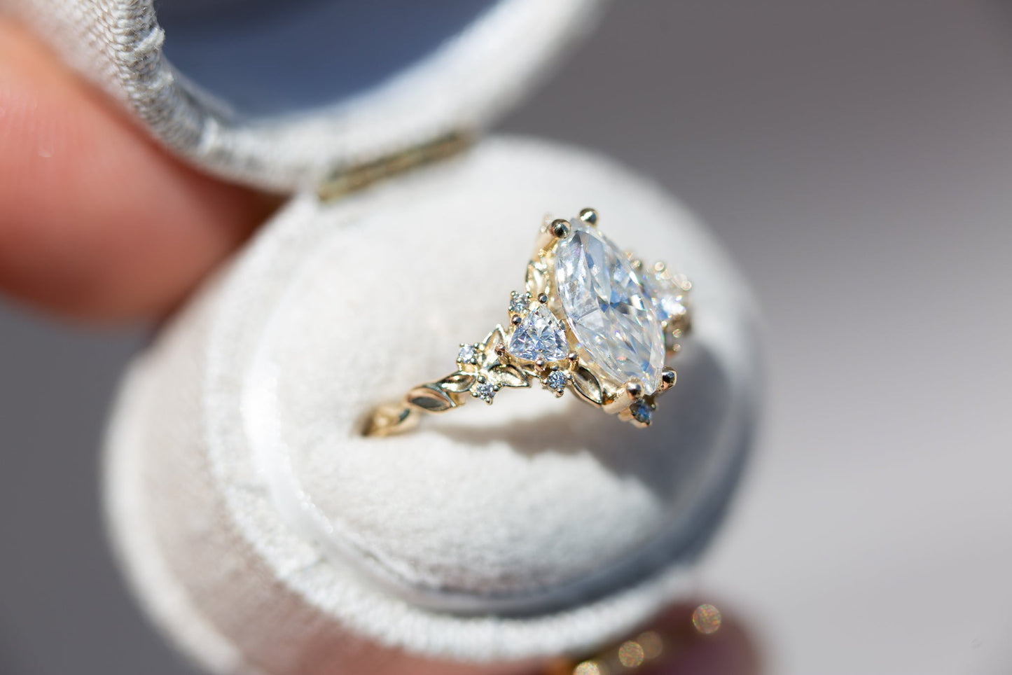 [Oramore Jewelry]Briar rose three stone with 10x5mm marquise moissanite
