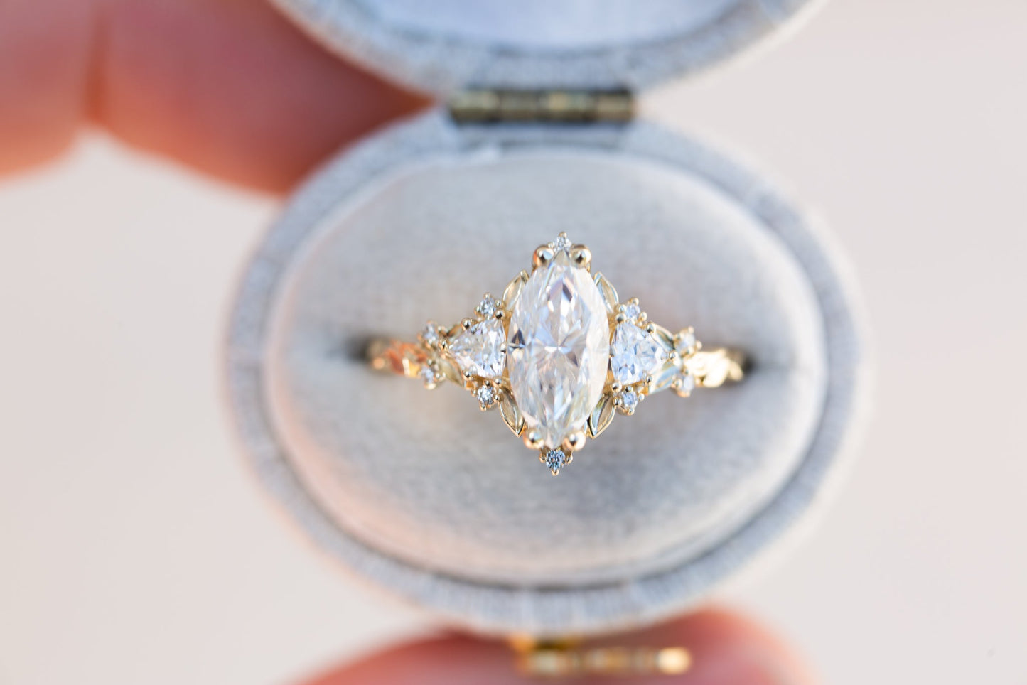 [Oramore Jewelry]Briar rose three stone with 10x5mm marquise moissanite