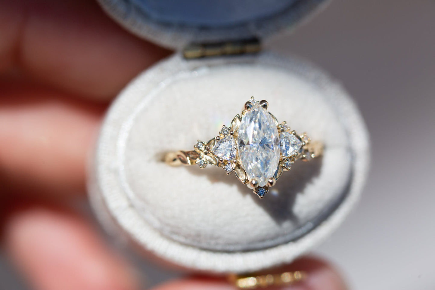 [Oramore Jewelry]Briar rose three stone with 10x5mm marquise moissanite