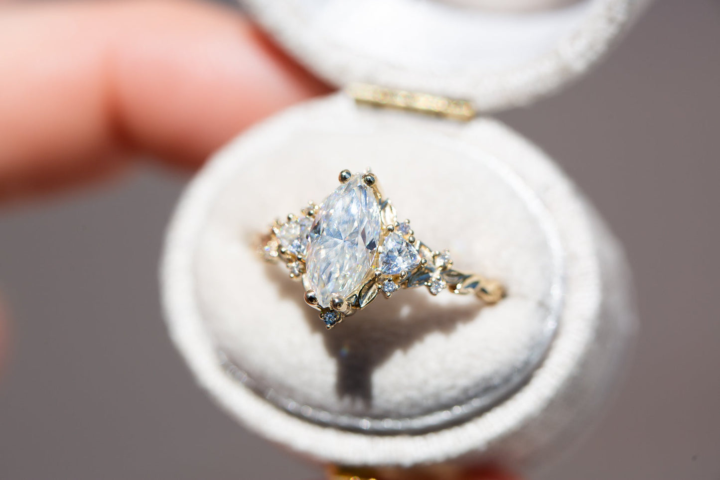 [Oramore Jewelry]Briar rose three stone with 10x5mm marquise moissanite