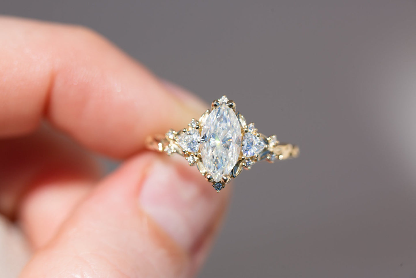 [Oramore Jewelry]Briar rose three stone with 10x5mm marquise moissanite