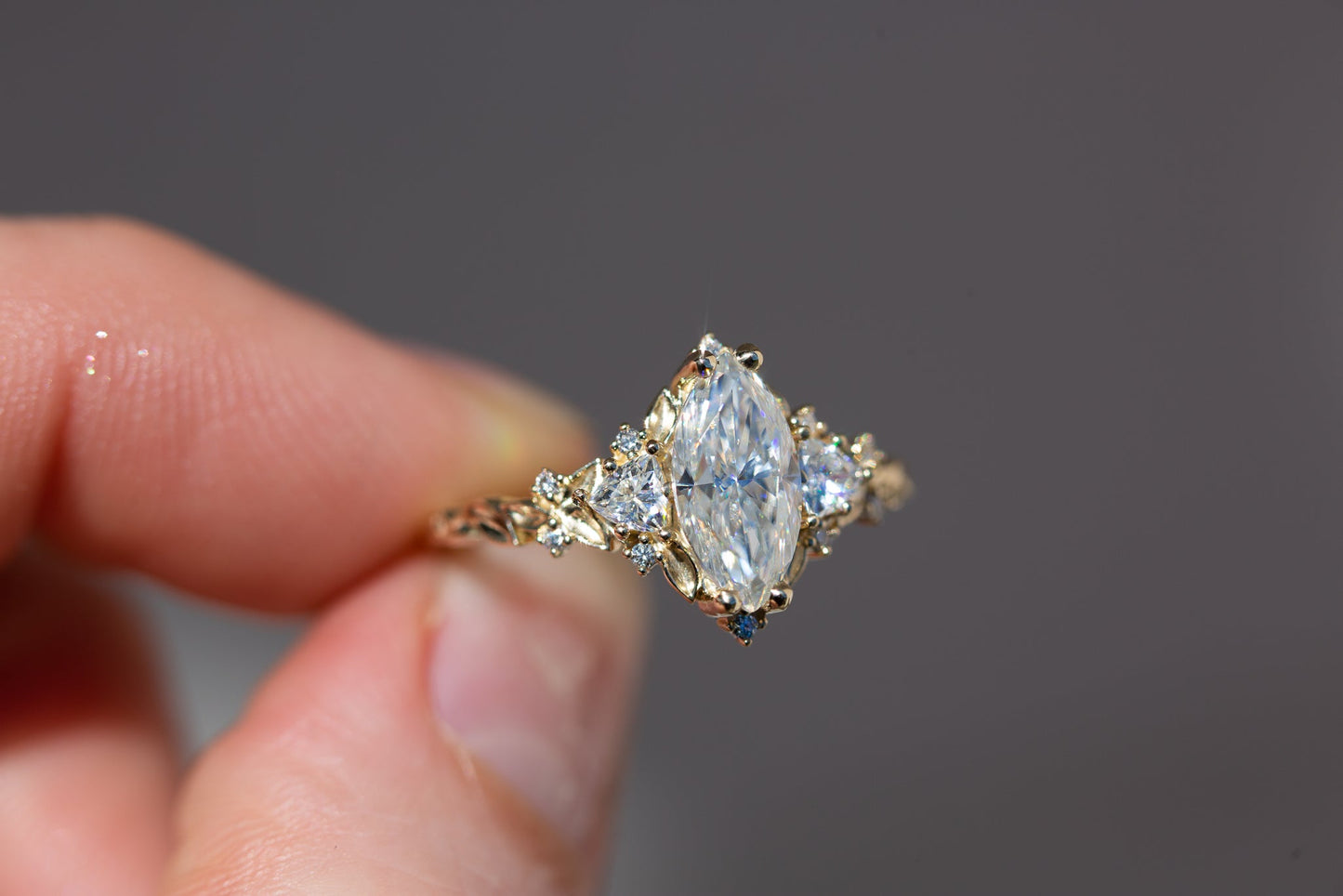 [Oramore Jewelry]Briar rose three stone with 10x5mm marquise moissanite