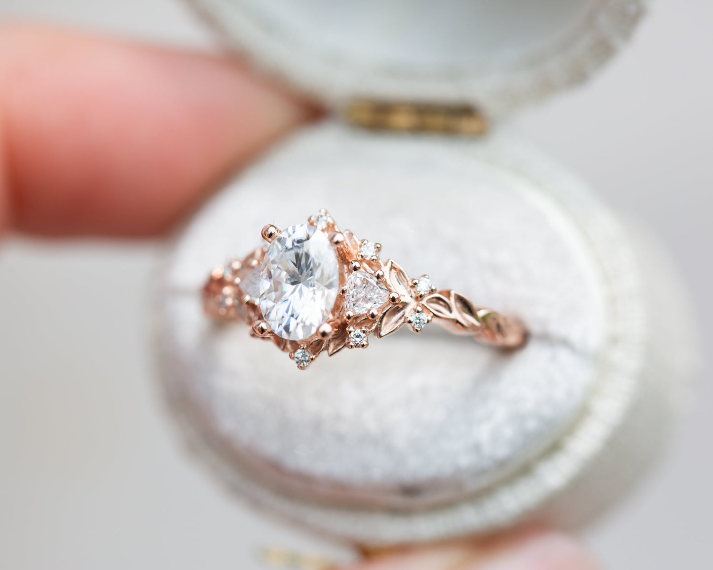 [Oramore Jewelry]Briar rose three stone with 7x5mm oval moissanite