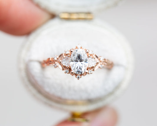 [Oramore Jewelry]Briar rose three stone with 7x5mm oval moissanite