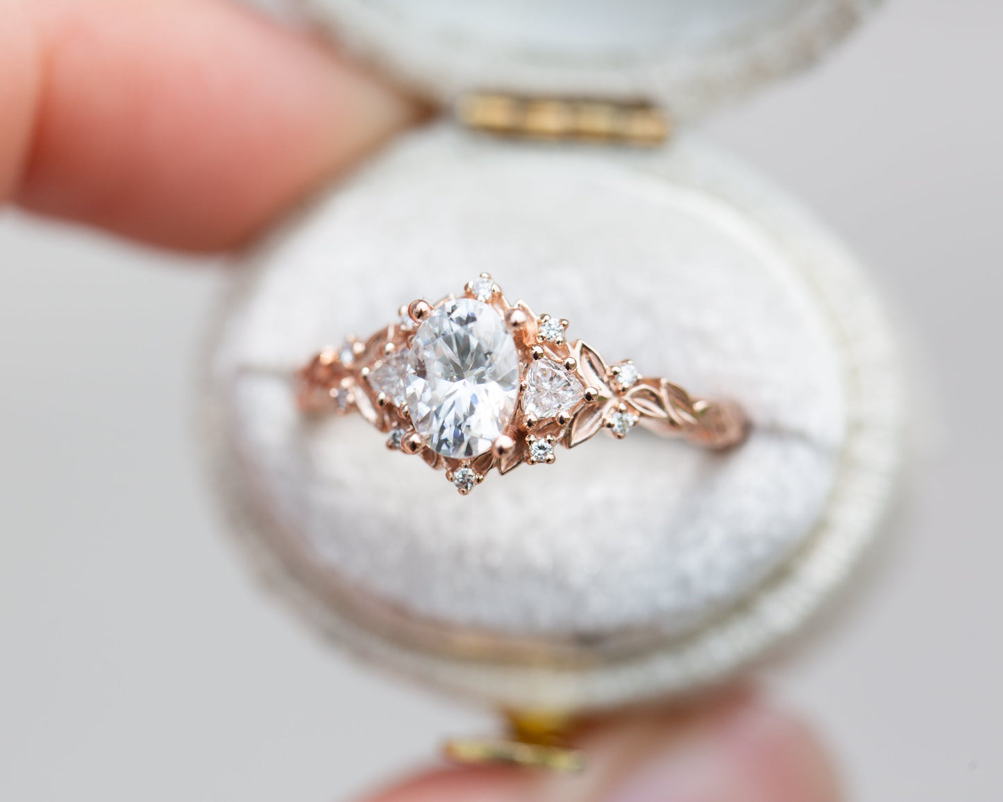 [Oramore Jewelry]Briar rose three stone with 7x5mm oval moissanite