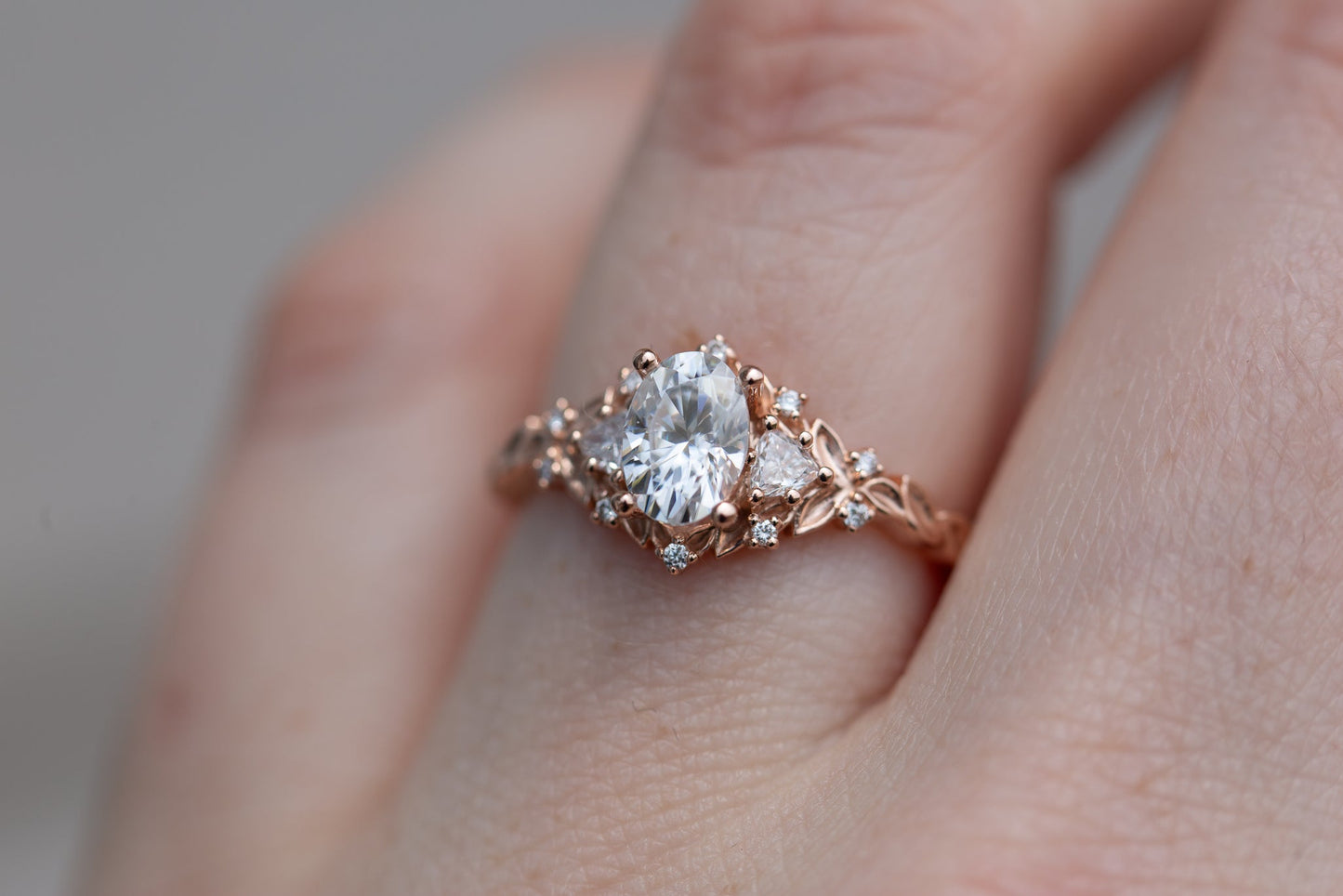 [Oramore Jewelry]Briar rose three stone with 7x5mm oval moissanite
