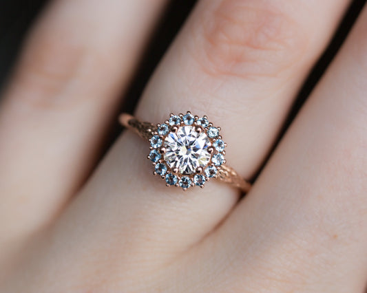 [Oramore Jewelry]Moissanite and aquamarine halo midsummer ring