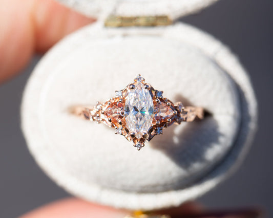 [Oramore Jewelry]Briar rose three stone with marquise moissanite and lab peach sapphire (fairy queen ring)