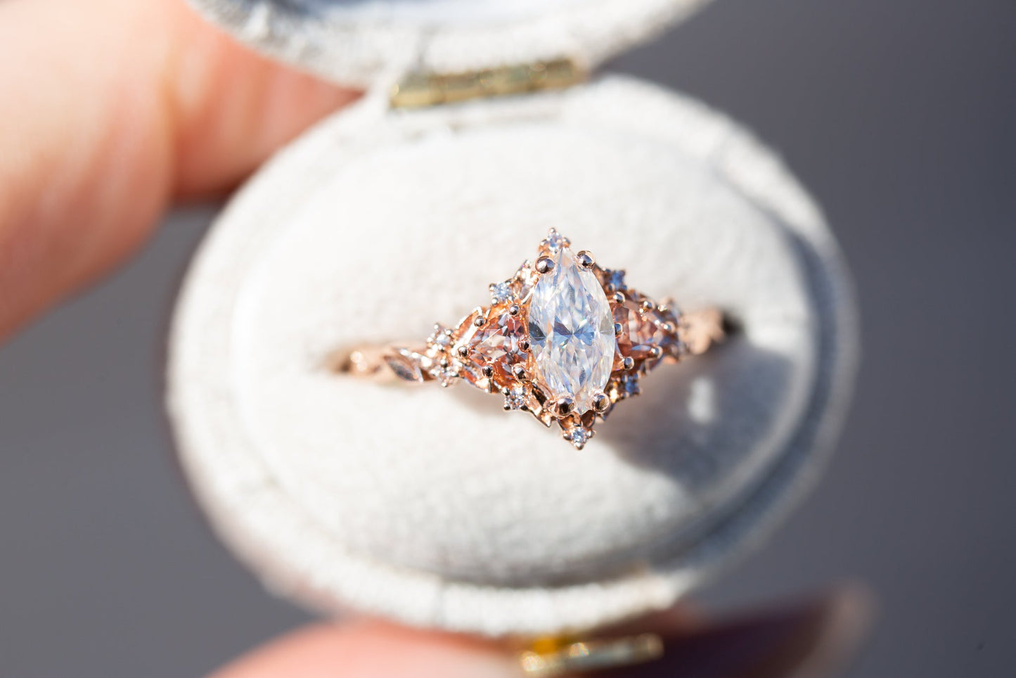 [Oramore Jewelry]Briar rose three stone with marquise moissanite and lab peach sapphire (fairy queen ring)