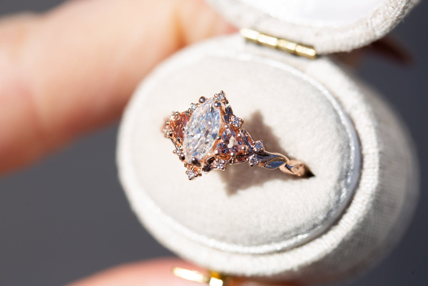 [Oramore Jewelry]Briar rose three stone with marquise moissanite and lab peach sapphire (fairy queen ring)
