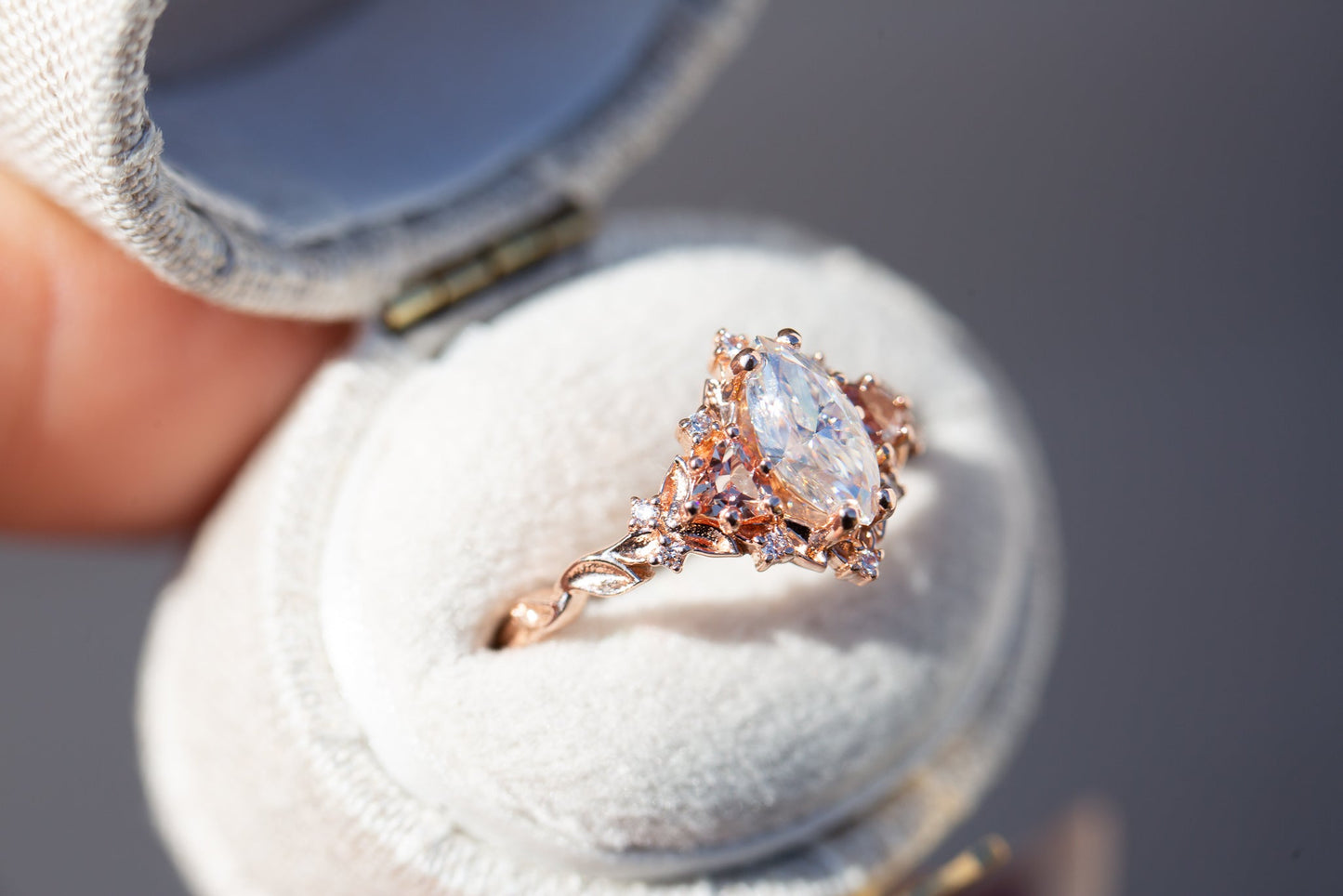 [Oramore Jewelry]Briar rose three stone with marquise moissanite and lab peach sapphire (fairy queen ring)