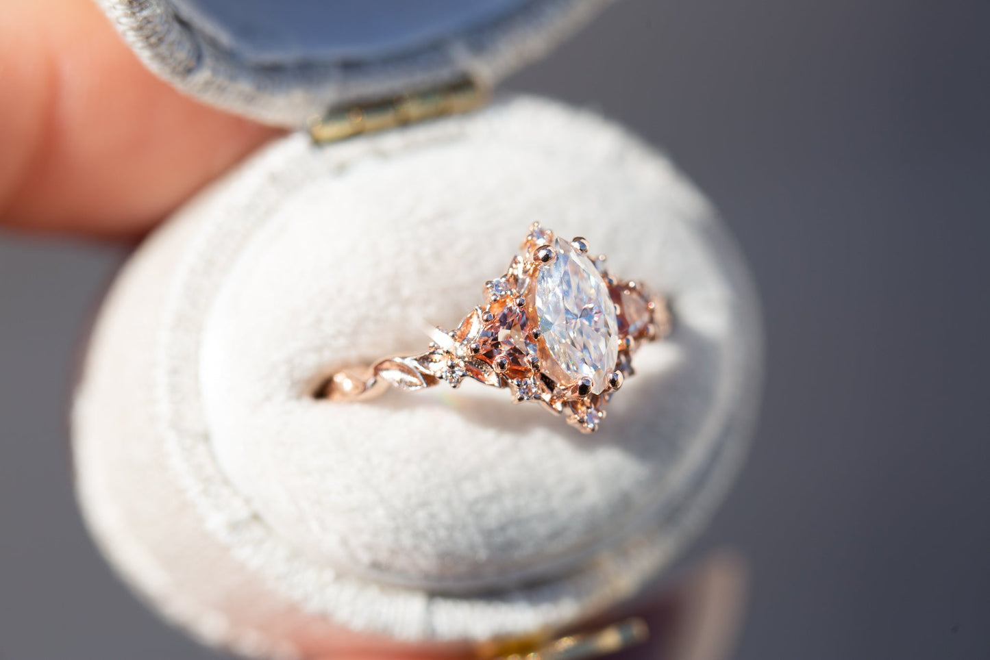 [Oramore Jewelry]Briar rose three stone with marquise moissanite and lab peach sapphire (fairy queen ring)