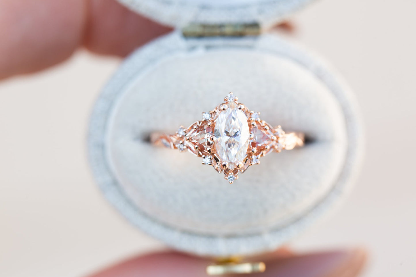 [Oramore Jewelry]Briar rose three stone with marquise moissanite and lab peach sapphire (fairy queen ring)