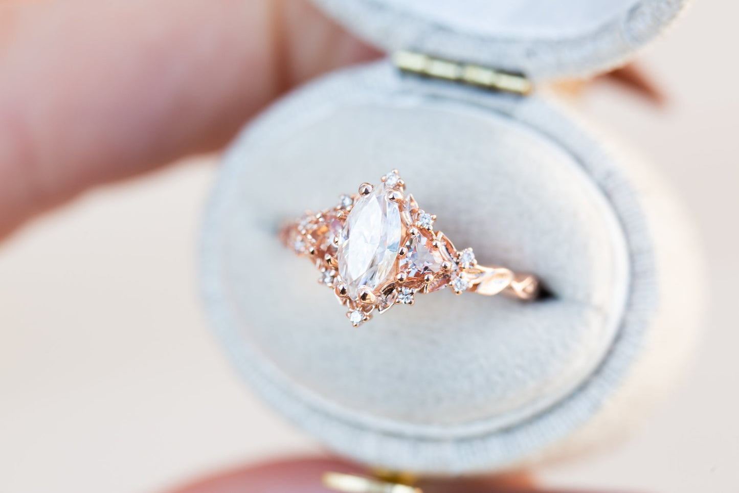 [Oramore Jewelry]Briar rose three stone with marquise moissanite and lab peach sapphire (fairy queen ring)