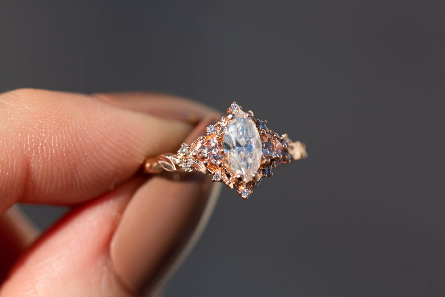 [Oramore Jewelry]Briar rose three stone with marquise moissanite and lab peach sapphire (fairy queen ring)