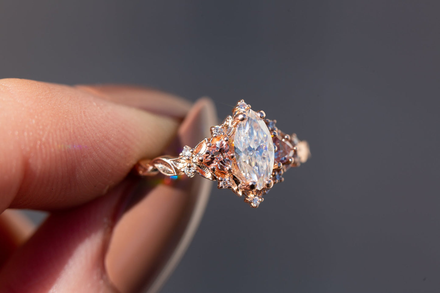 [Oramore Jewelry]Briar rose three stone with marquise moissanite and lab peach sapphire (fairy queen ring)