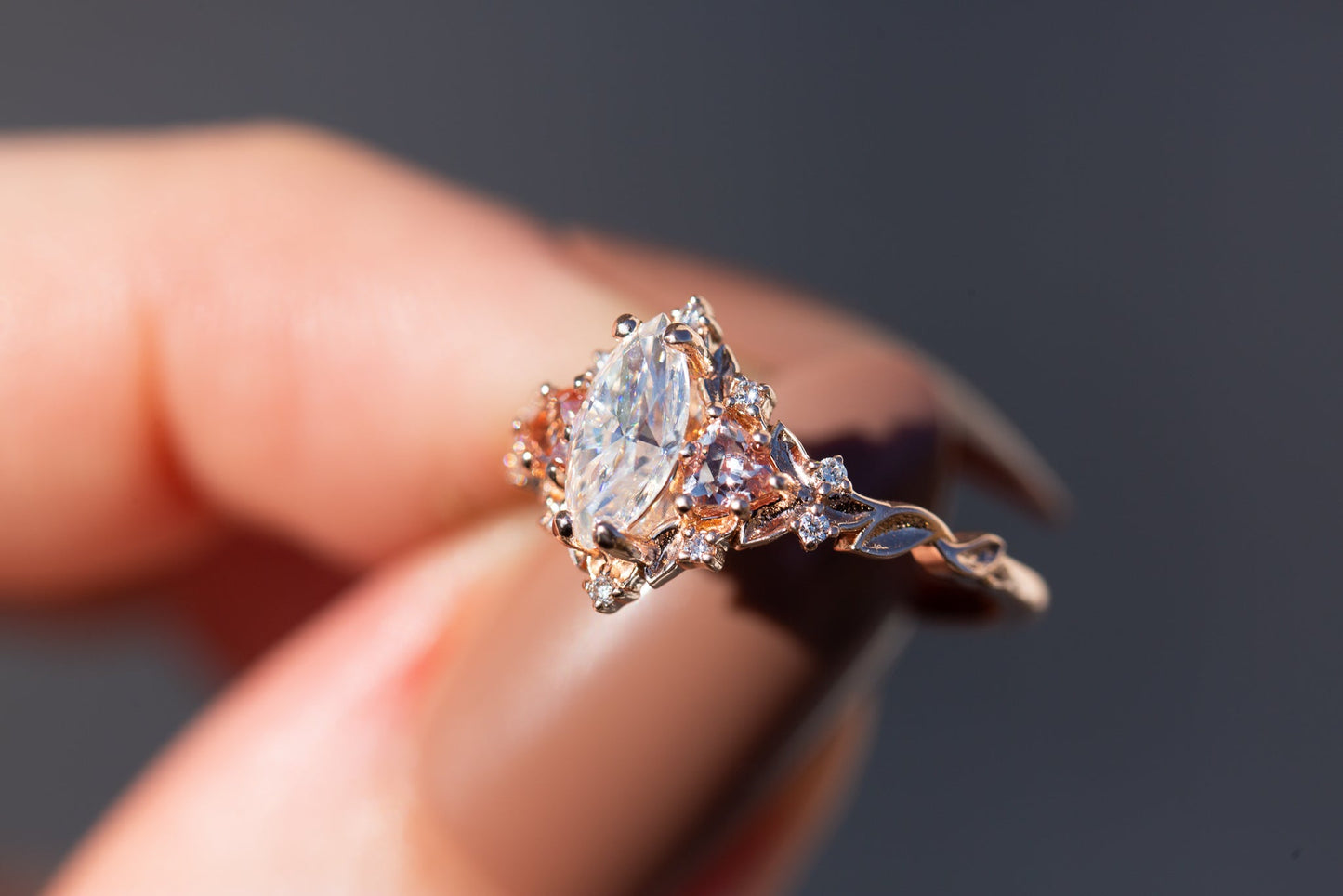 [Oramore Jewelry]Briar rose three stone with marquise moissanite and lab peach sapphire (fairy queen ring)
