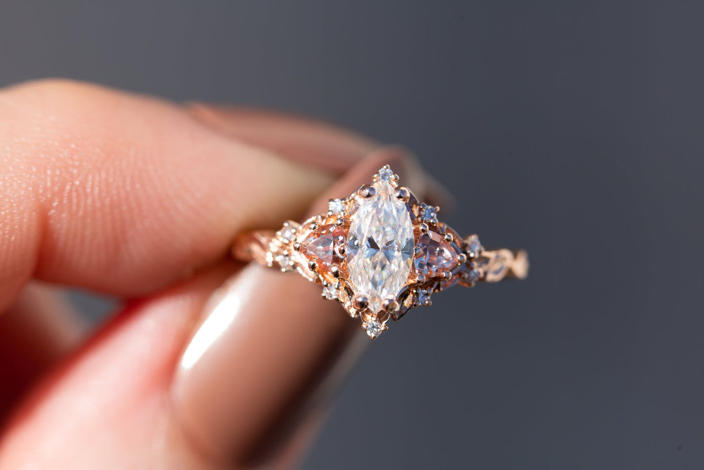[Oramore Jewelry]Briar rose three stone with marquise moissanite and lab peach sapphire (fairy queen ring)