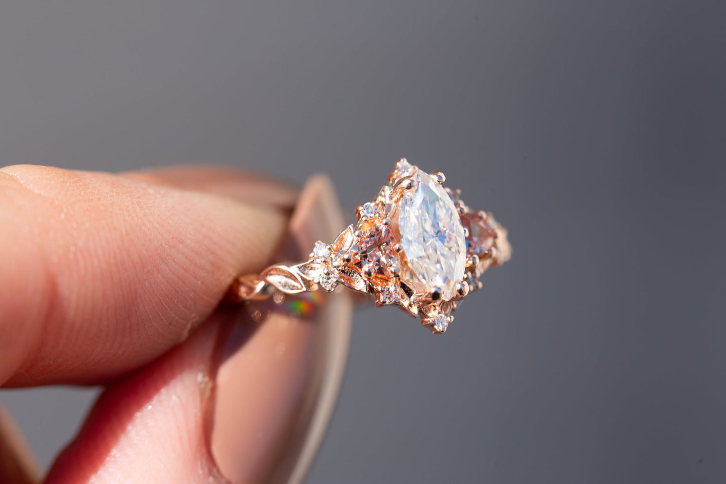 [Oramore Jewelry]Briar rose three stone with marquise moissanite and lab peach sapphire (fairy queen ring)