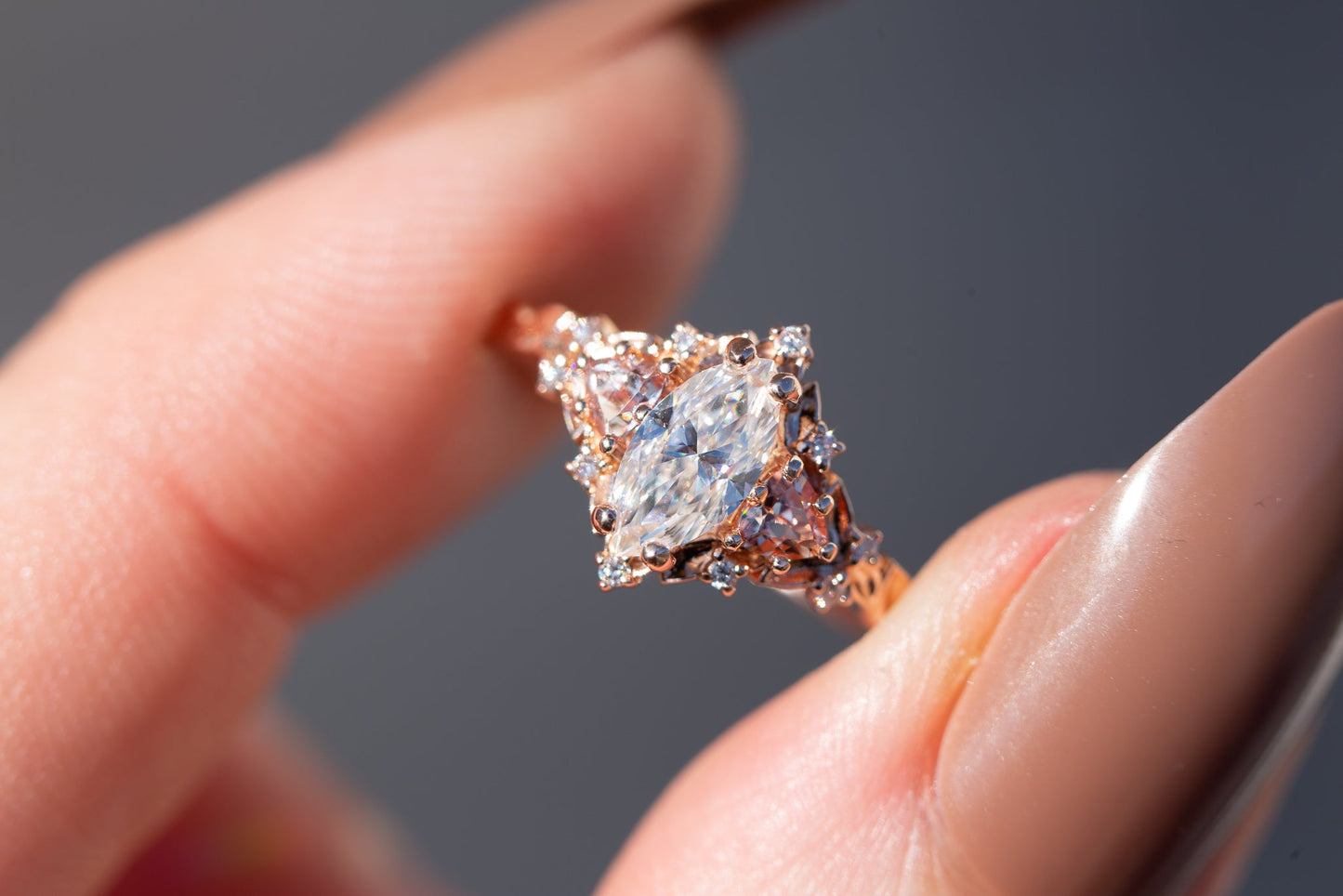 [Oramore Jewelry]Briar rose three stone with marquise moissanite and lab peach sapphire (fairy queen ring)