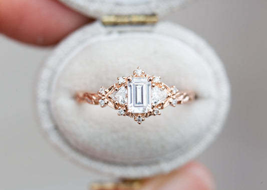 [Oramore Jewelry]Briar rose three stone with 6x4mm emerald cut moissanite