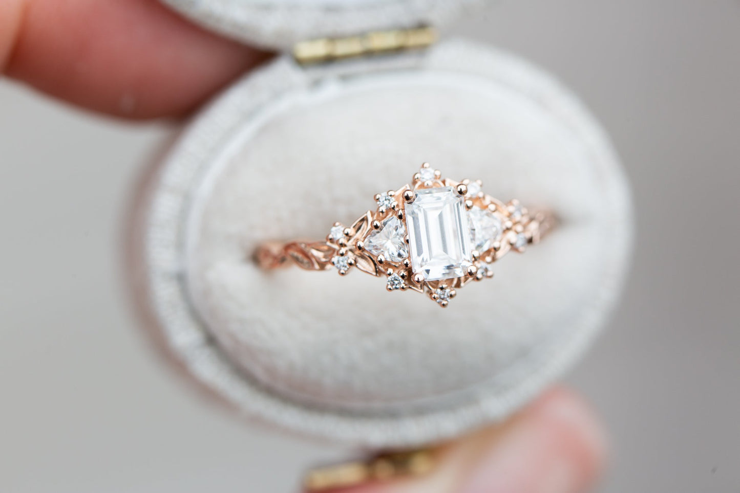 [Oramore Jewelry]Briar rose three stone with 6x4mm emerald cut moissanite