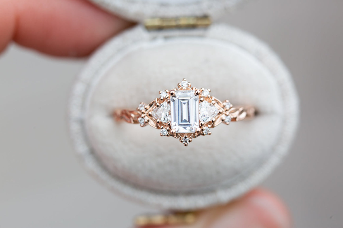 [Oramore Jewelry]Briar rose three stone with 6x4mm emerald cut moissanite