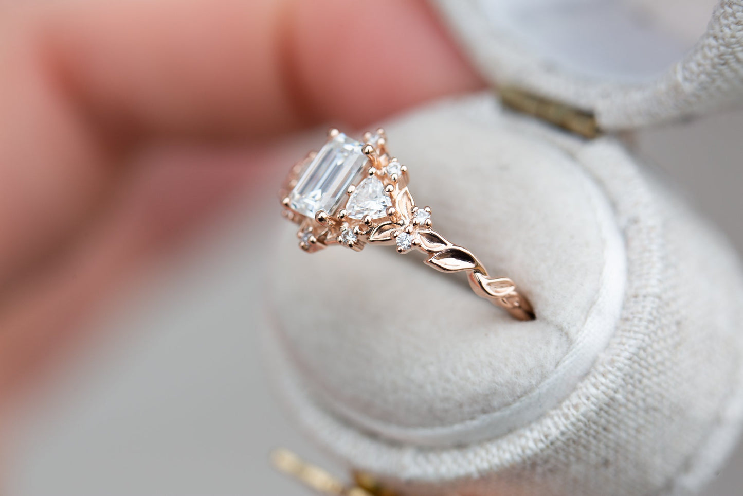 [Oramore Jewelry]Briar rose three stone with 6x4mm emerald cut moissanite
