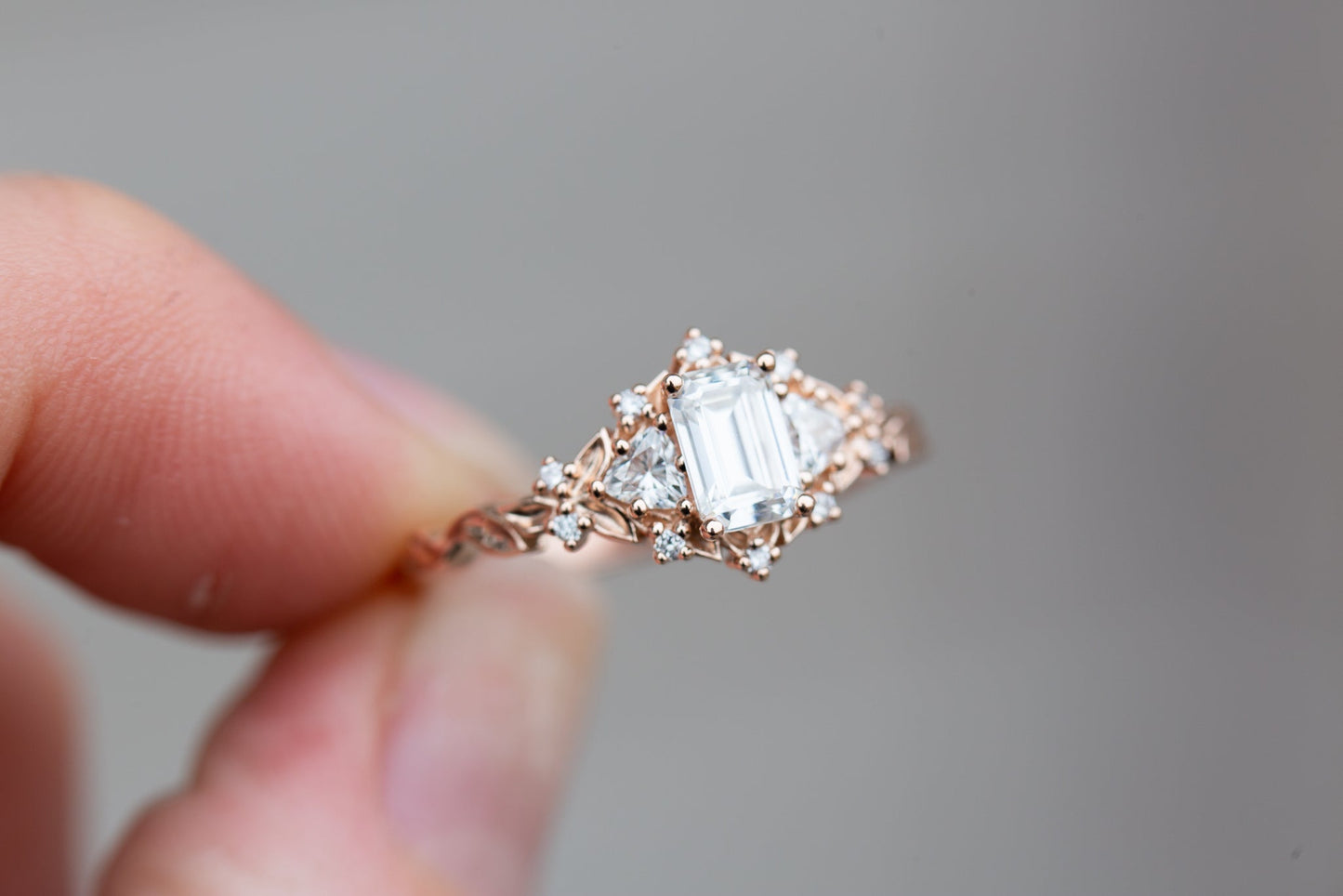 [Oramore Jewelry]Briar rose three stone with 6x4mm emerald cut moissanite