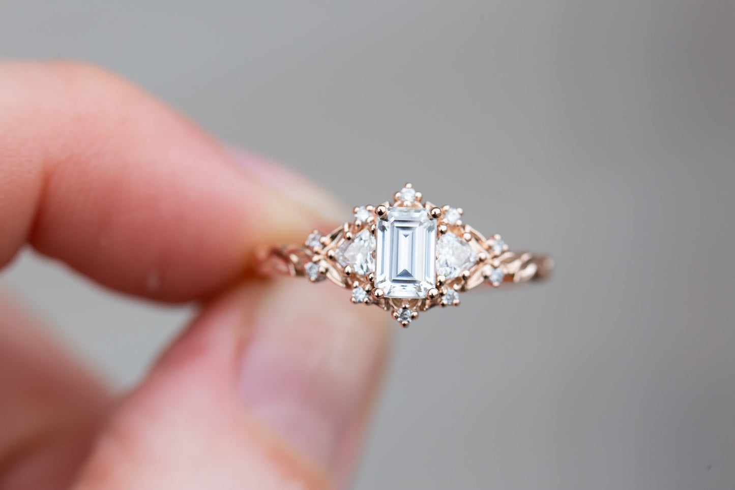 [Oramore Jewelry]Briar rose three stone with 6x4mm emerald cut moissanite