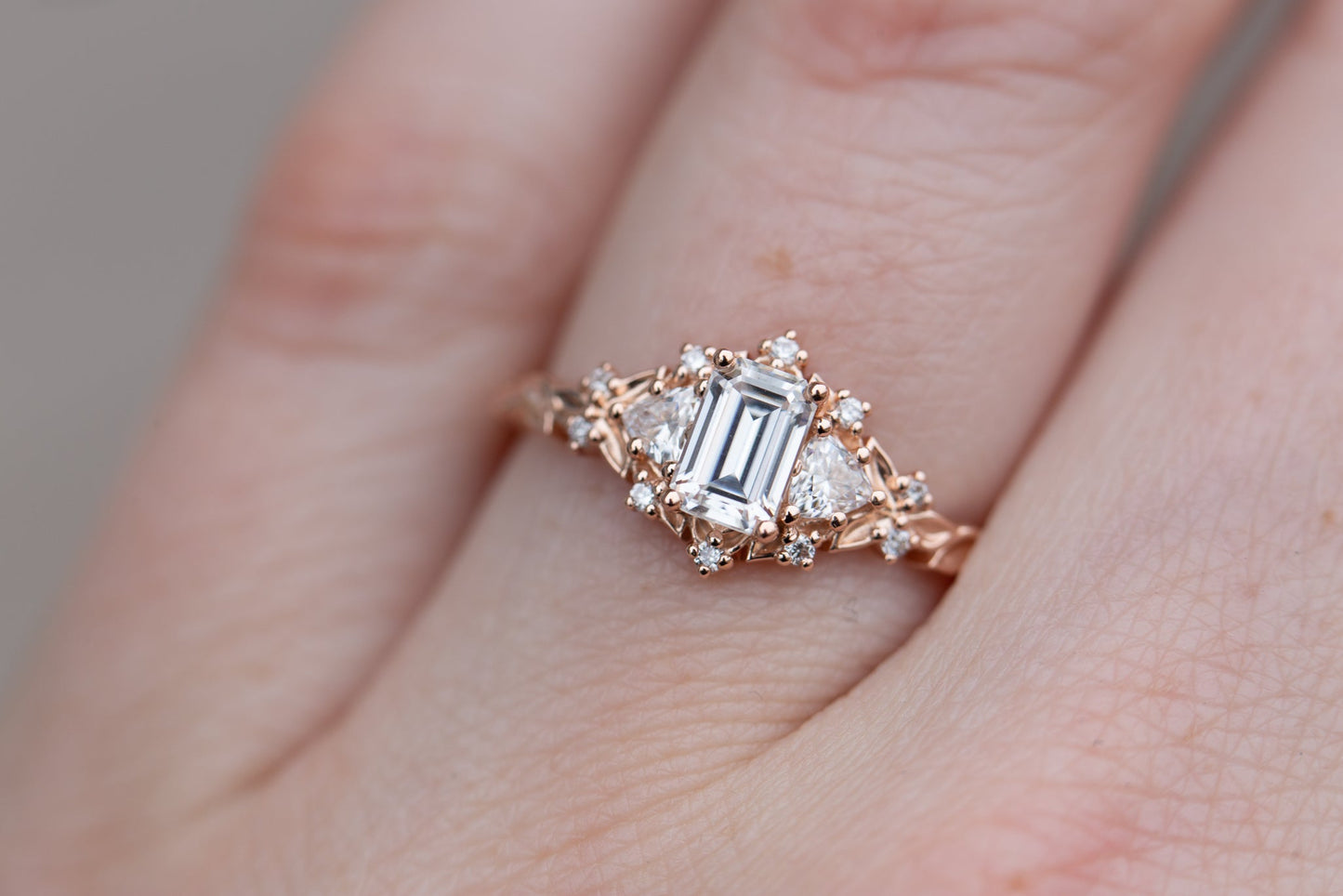 [Oramore Jewelry]Briar rose three stone with 6x4mm emerald cut moissanite