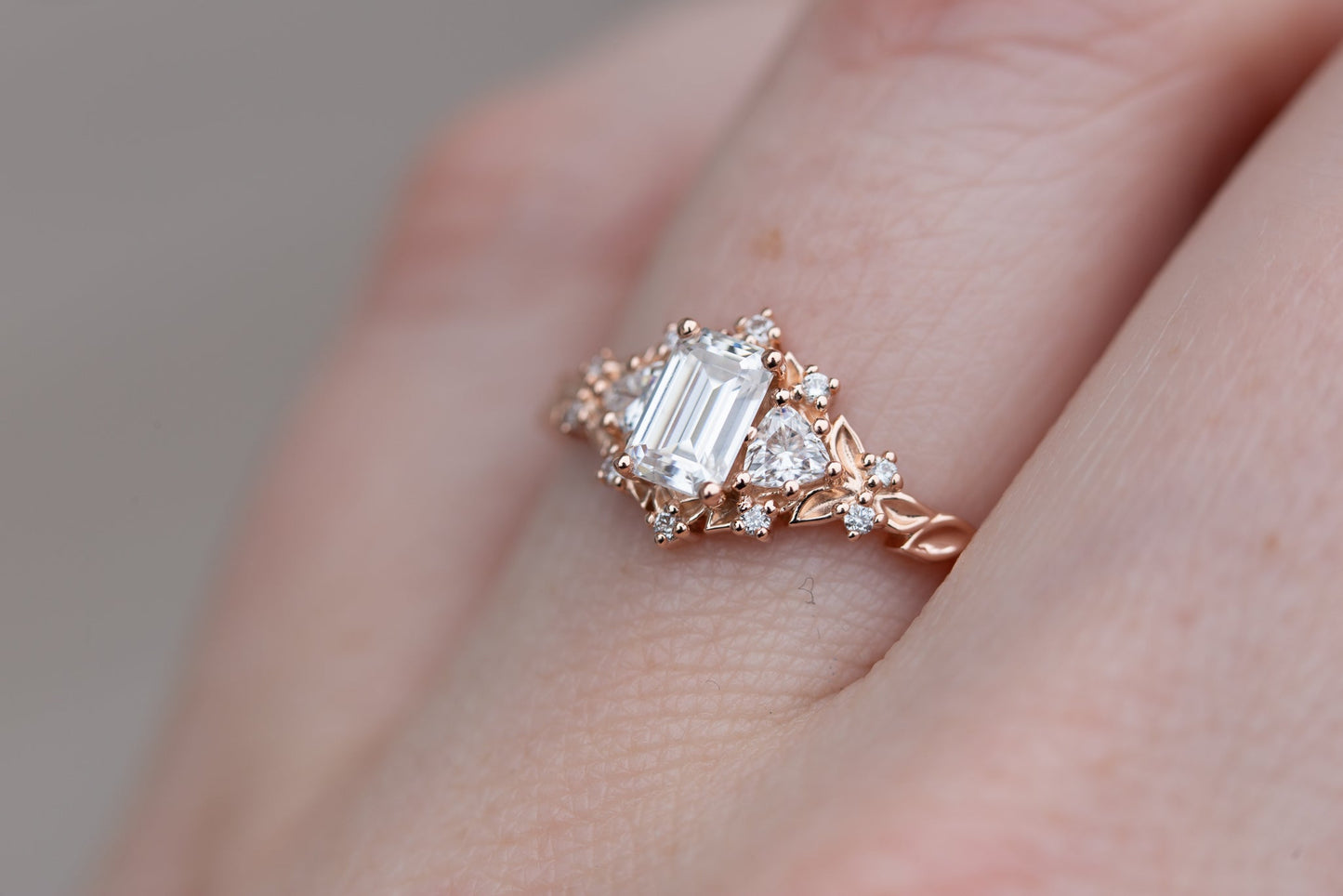 [Oramore Jewelry]Briar rose three stone with 6x4mm emerald cut moissanite
