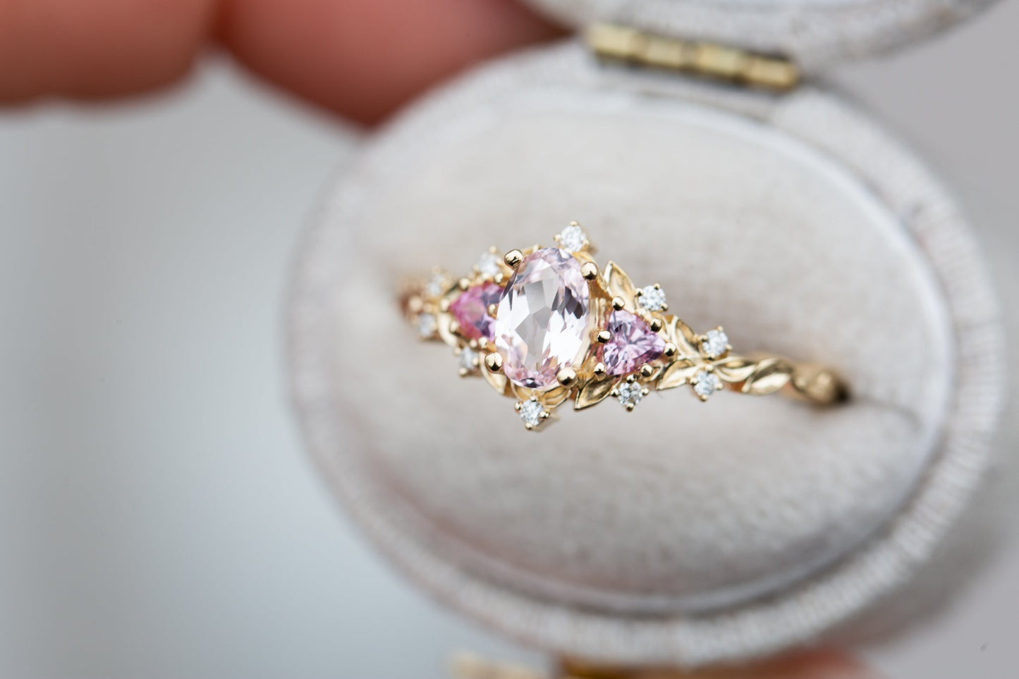 [Oramore Jewelry]Briar rose three stone with oval light pink sapphire (fairy queen ring)