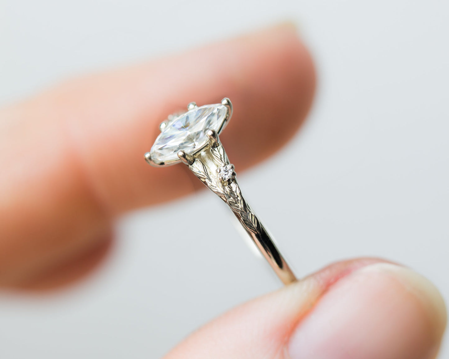 [Oramore Jewelry]Marquise moissanite leaf cathedral engagement ring