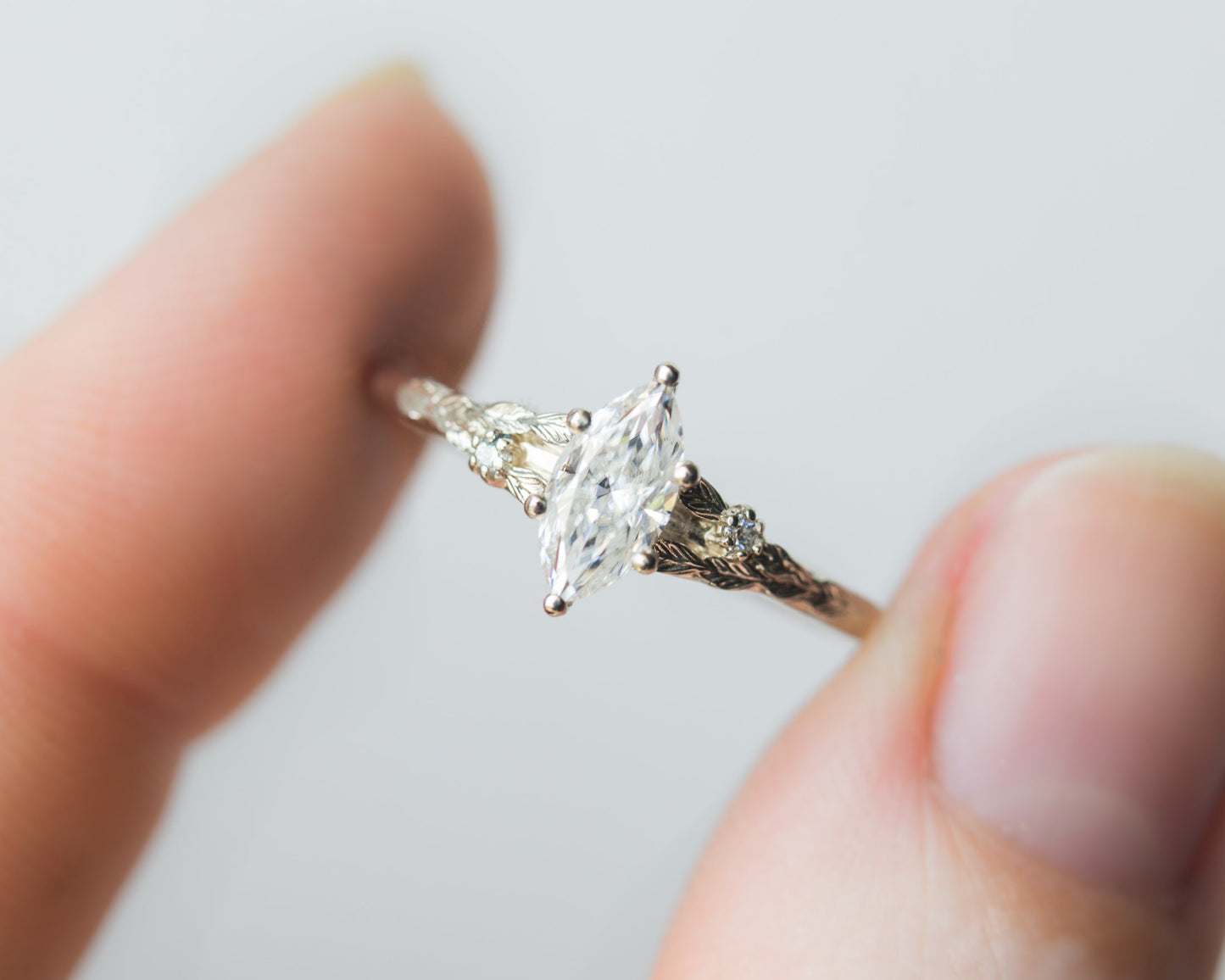 [Oramore Jewelry]Marquise moissanite leaf cathedral engagement ring