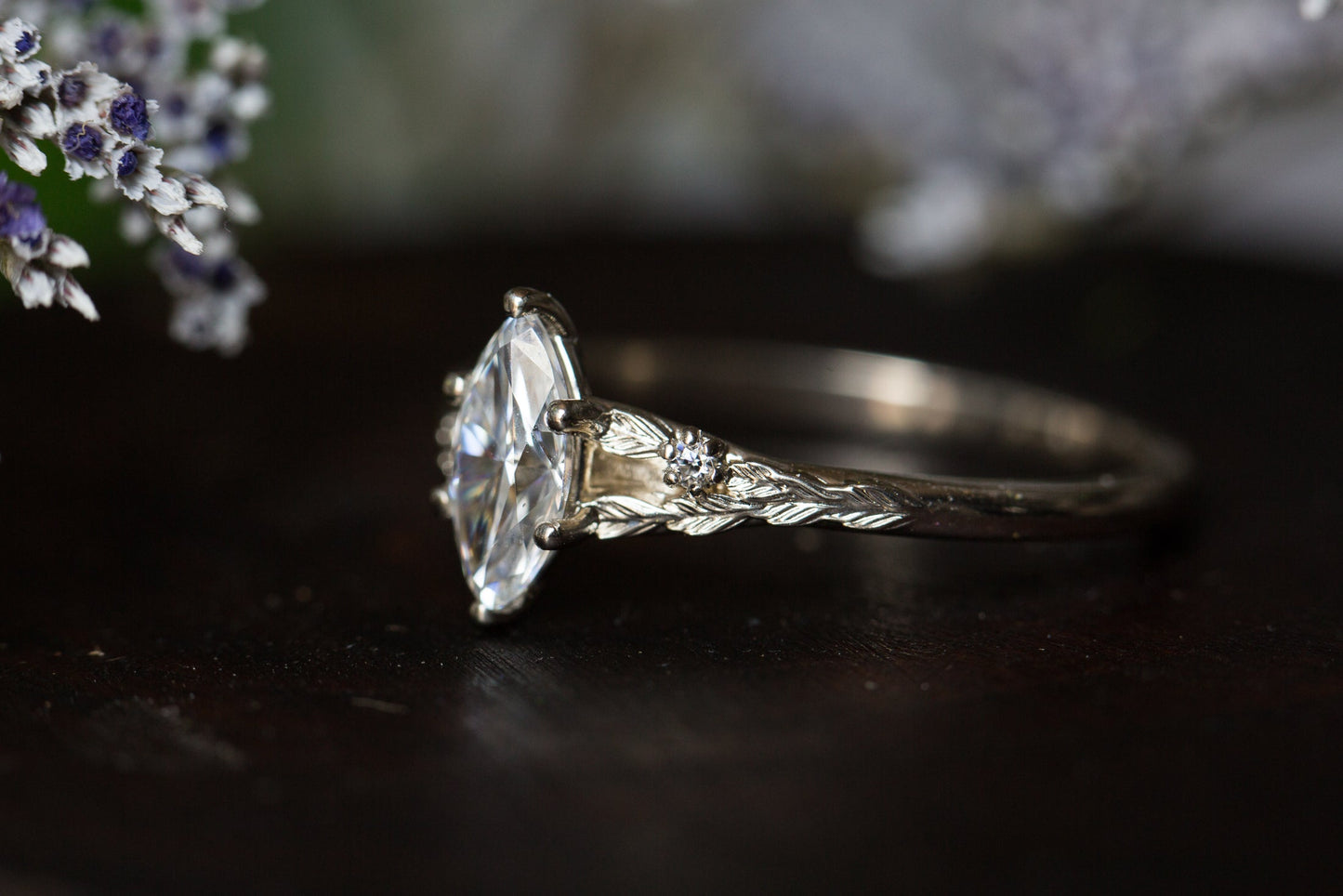 [Oramore Jewelry]Marquise moissanite leaf cathedral engagement ring